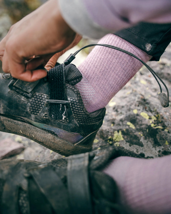 Person Adjusting Right Rock Climbing Shoe Wearing Quail / Pink Trail Alpaca 3/4 Crew Socks – PAKA Apparel