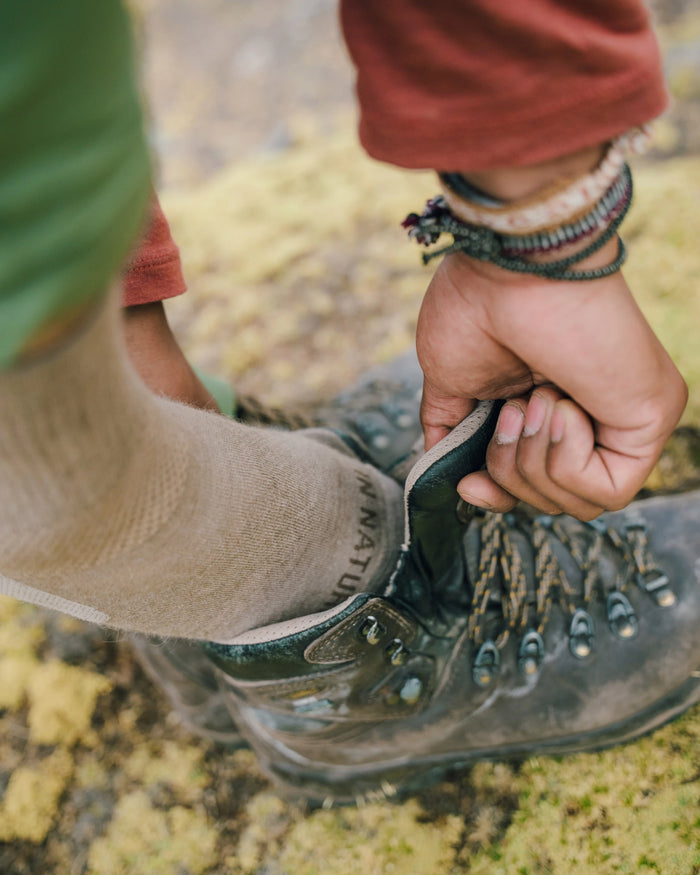 Foot with Walnut / Tan Trail Alpaca 3/4 Crew Hiking Socks Stepping into Hiking Boot – PAKA Apparel