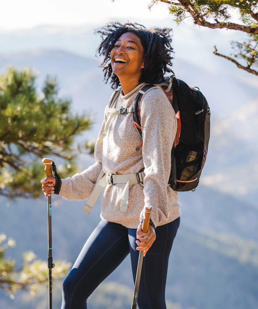 Women Smiling While Hiking with Poles in The Cusco Timber / Tan Natural Alpaca Hiking Sweater from Peru – PAKA Apparel