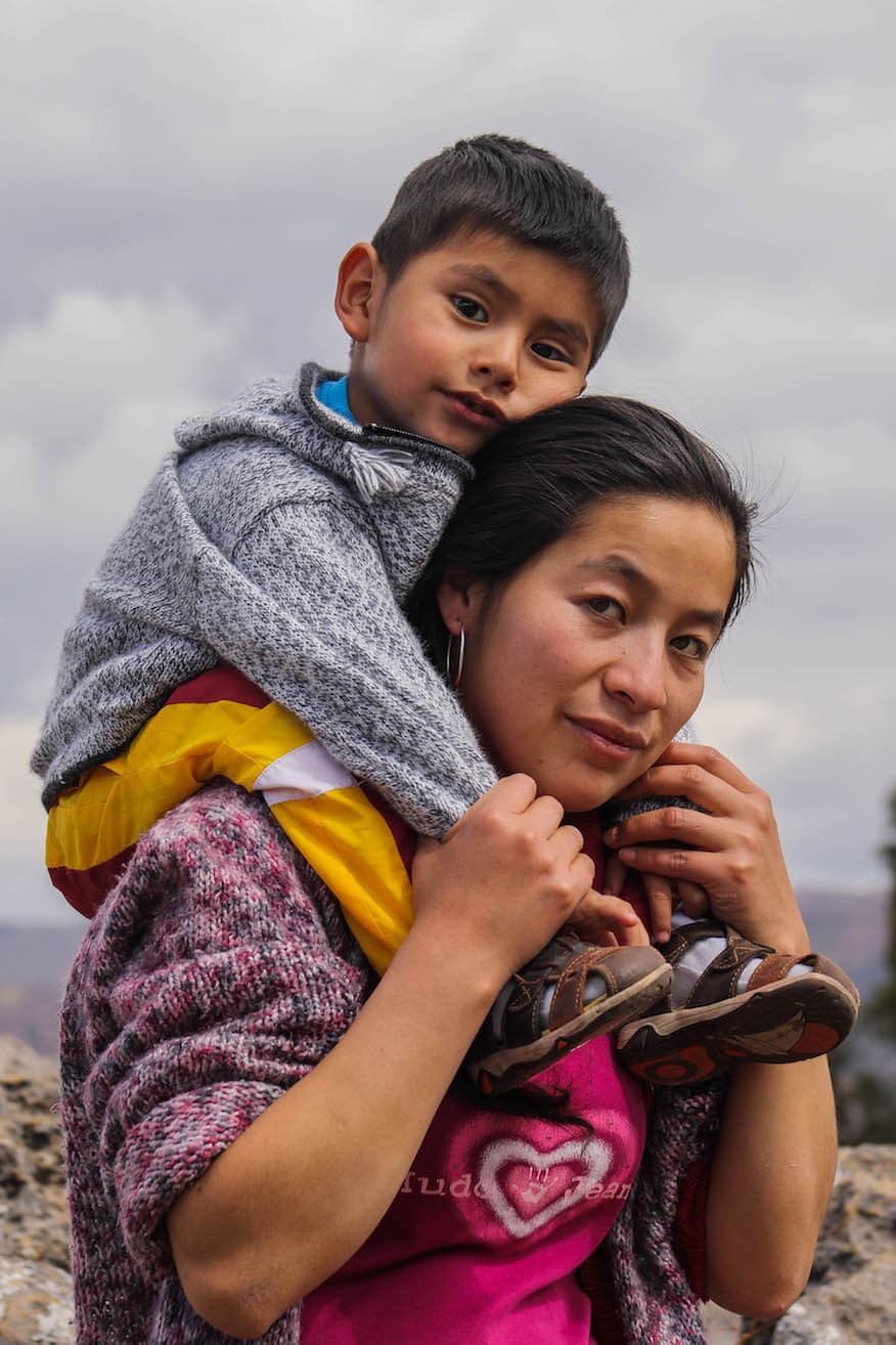 Small Peruvian Boy Sitting on Mother’s Shoulders