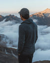 Back of Man Viewing Clouds and Mountains in The Hoodie Navy Blue Alpaca Wool Hooded Hiking Sweater – PAKA Apparel