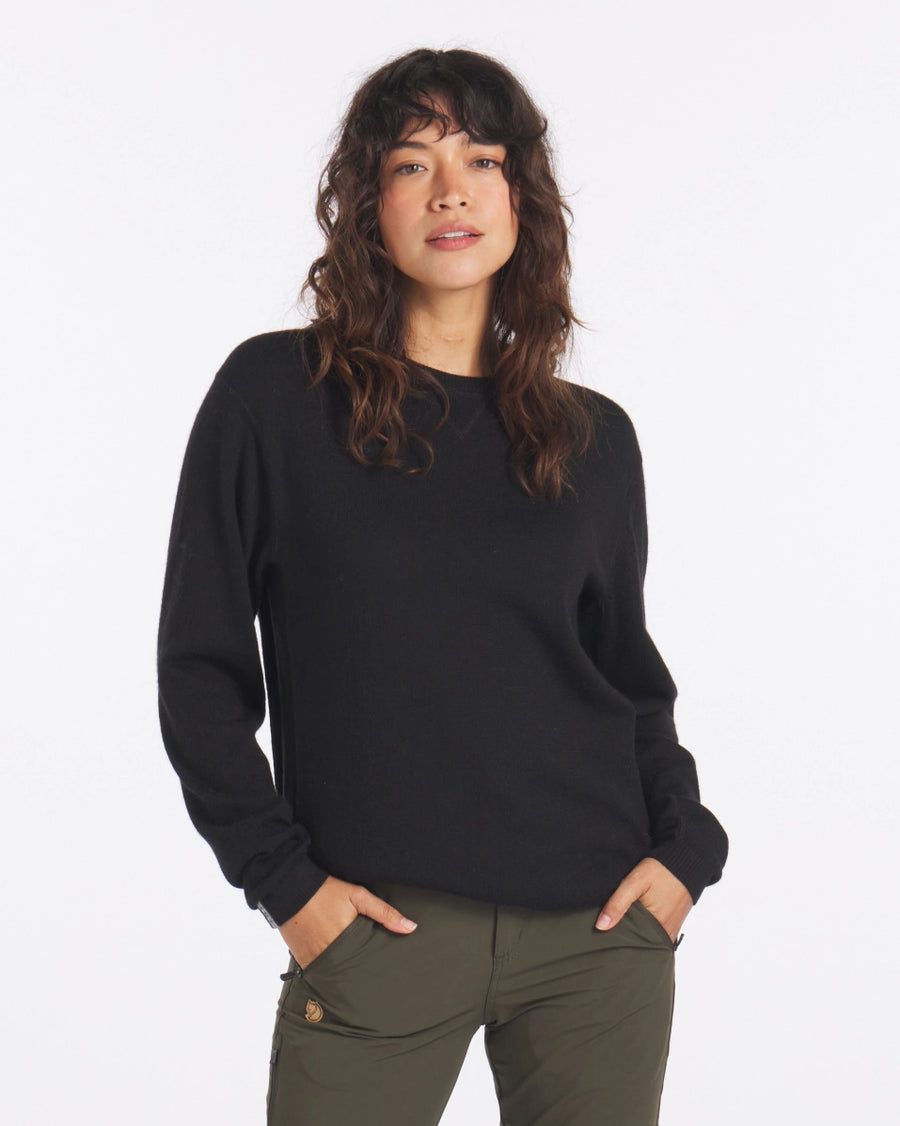 Female model wearing Black Ultralight Crewneck