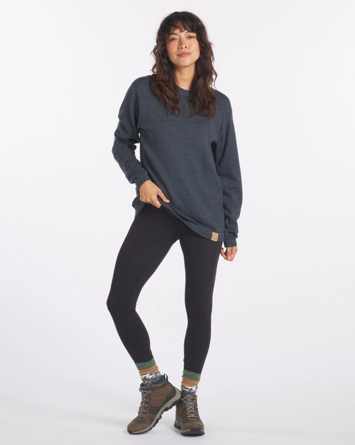 Woman wearing the Lightweight crew in blue