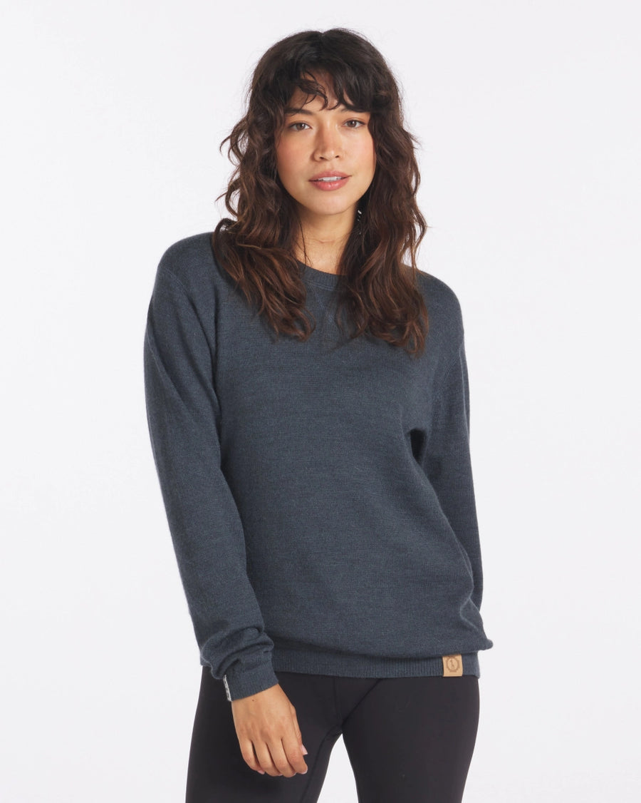 Charcoal Blue Ultralight Crewneck Ethical Alpaca Sweater on Woman - PAKA Apparel