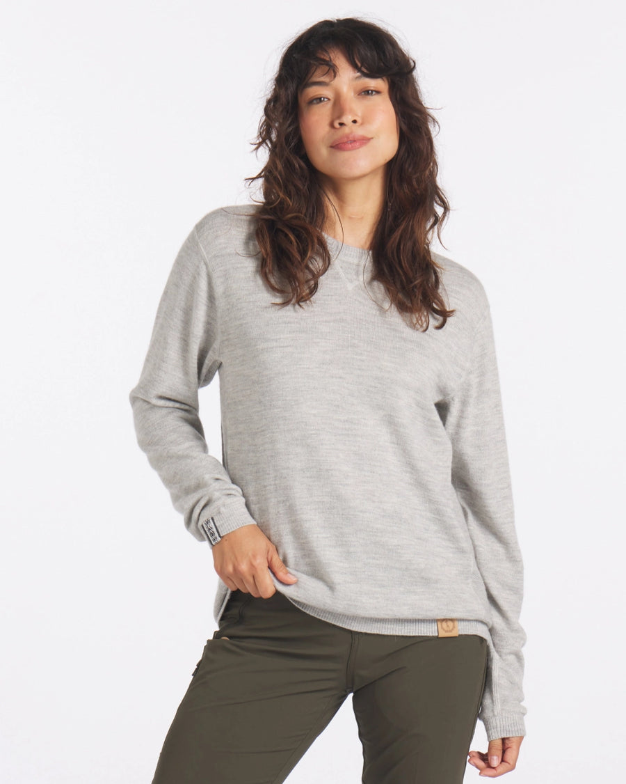 Female model wearing Light Grey Ultralight Crewneck