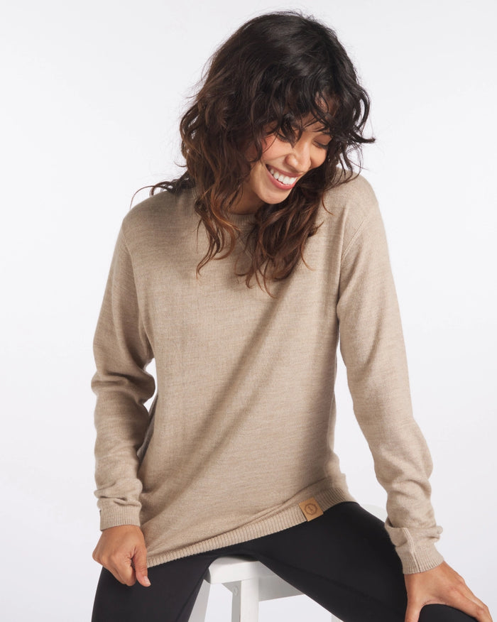 Woman Smiling in Timber / Tan Ultralight Crewneck Alpaca Wool Sweater - PAKA Apparel