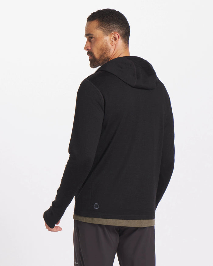 Back of Man Wearing a Black Breathe Full-Zip Alpaca Hoodie for Outdoors - PAKA Apparel