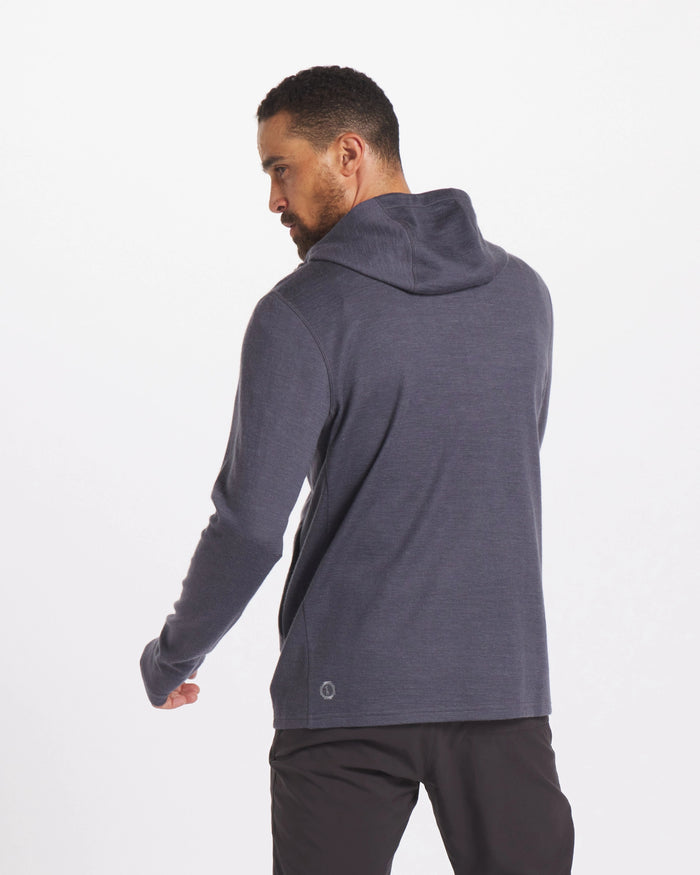 Back of Man Wearing a Charcoal Blue Breathe Men's Full-Zip Alpaca Hiking Hoodie - PAKA Apparel