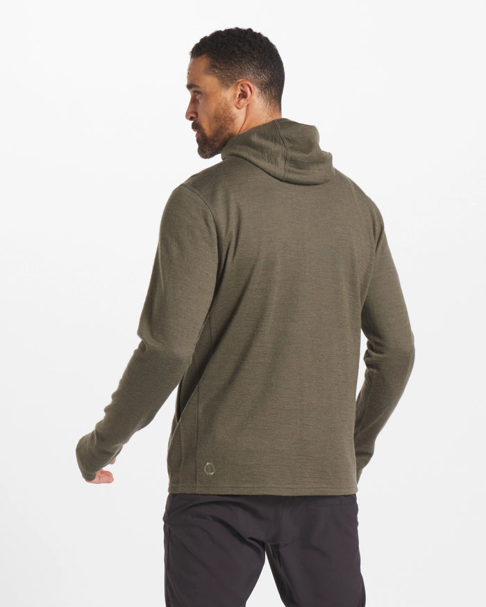 Back of Man Wearing a Andean Moss / Green Breathe Men's Full-Zip Moisture-Wicking Alpaca Hoodie - PAKA Apparel