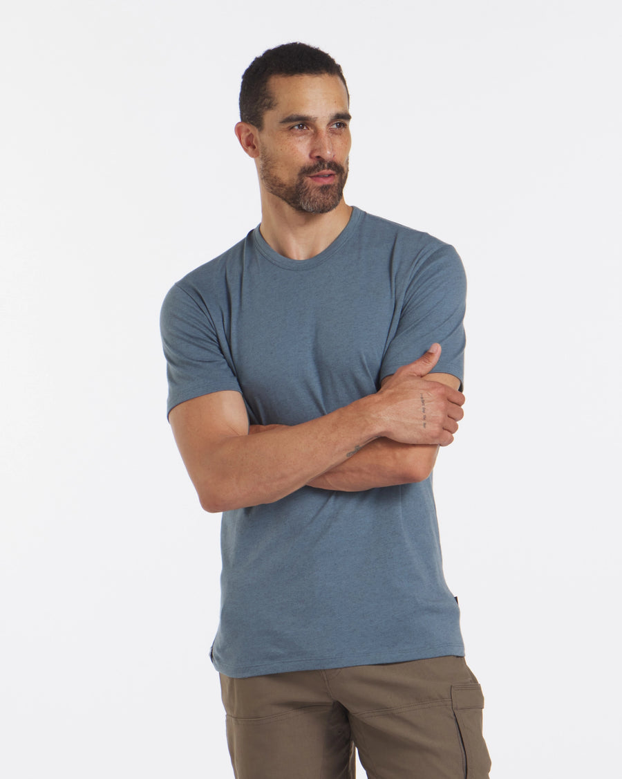 A man wearing Blue Men's Alpaca Wool Tee Shirt  