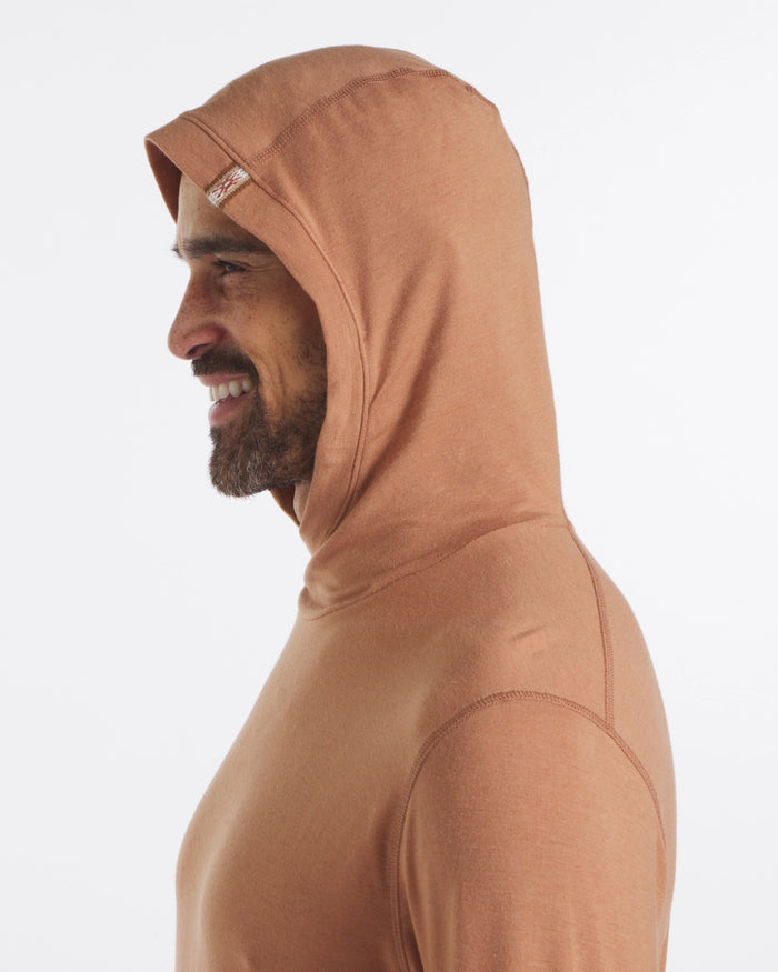 Man Smiling from Side Wearing Camu / Sienna SPF UPF Lightweight “Sol” Sun Hoodie – PAKA Apparel