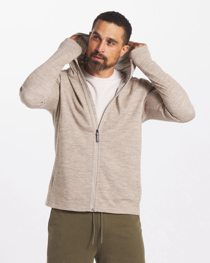 Man Wearing Timber / Tan Breathe Men's Full-Zip Lightweight Alpaca Hoodie and Raising Hood - PAKA Apparel