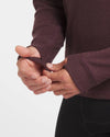 Close Up of Hands and Thumb Holes on Men’s Uva / Burgundy Alpaca Wool Thermal Baselayer Shirt – PAKA Apparel