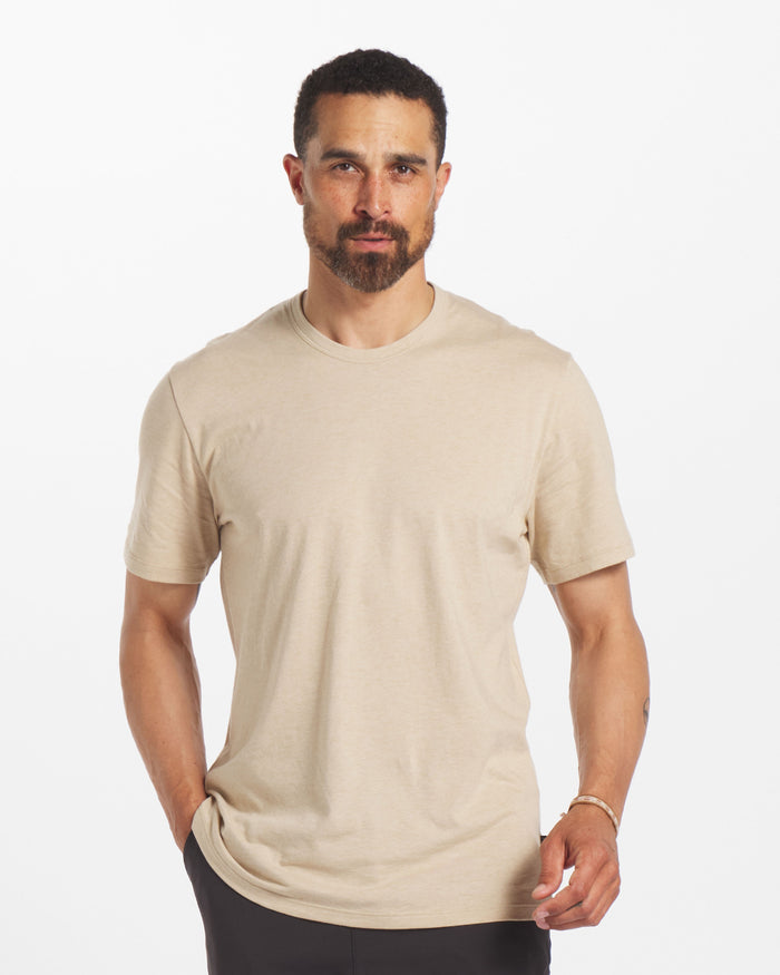 Man Wearing Sand / Tan Alpaca Wool T-Shirt - PAKA Apparel