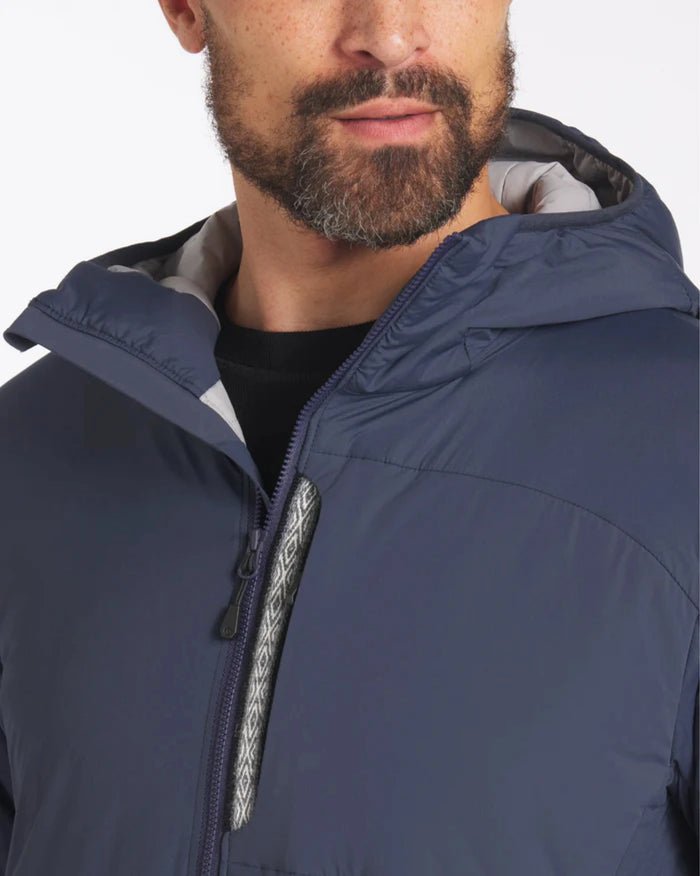 Close-Up Torso Shot of Men's Apu Navy Blue Lightweight Puffer Jacket with Hood – PAKA Apparel