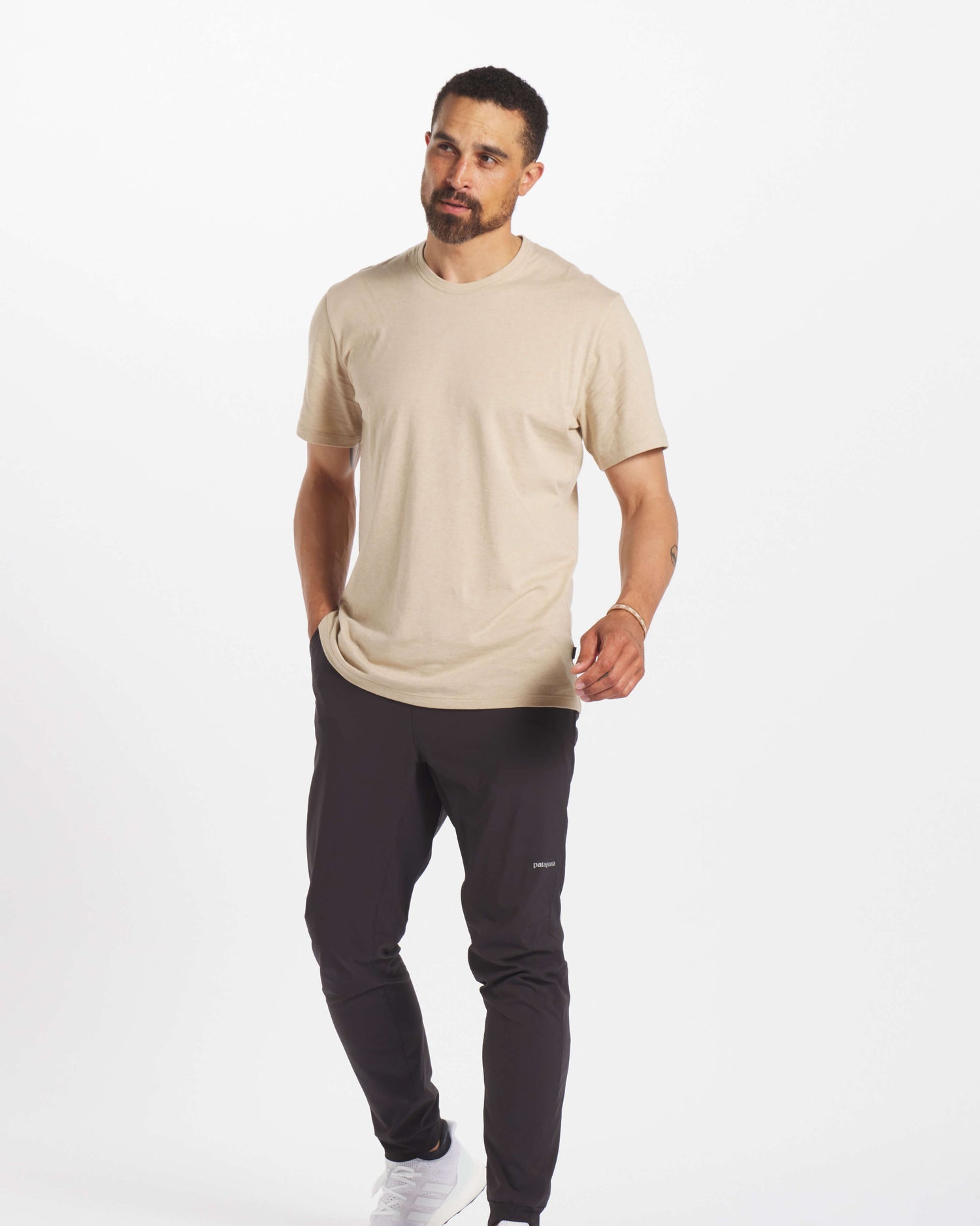 Man Wearing Sand / Tan Alpaca Wool T-Shirt - PAKA Apparel