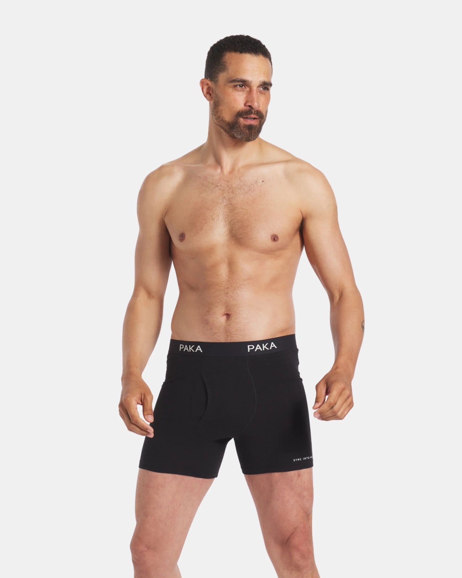 Model Wearing Men's Black Moisture-Wicking Natural Underwear Boxer Briefs – PAKA Apparel