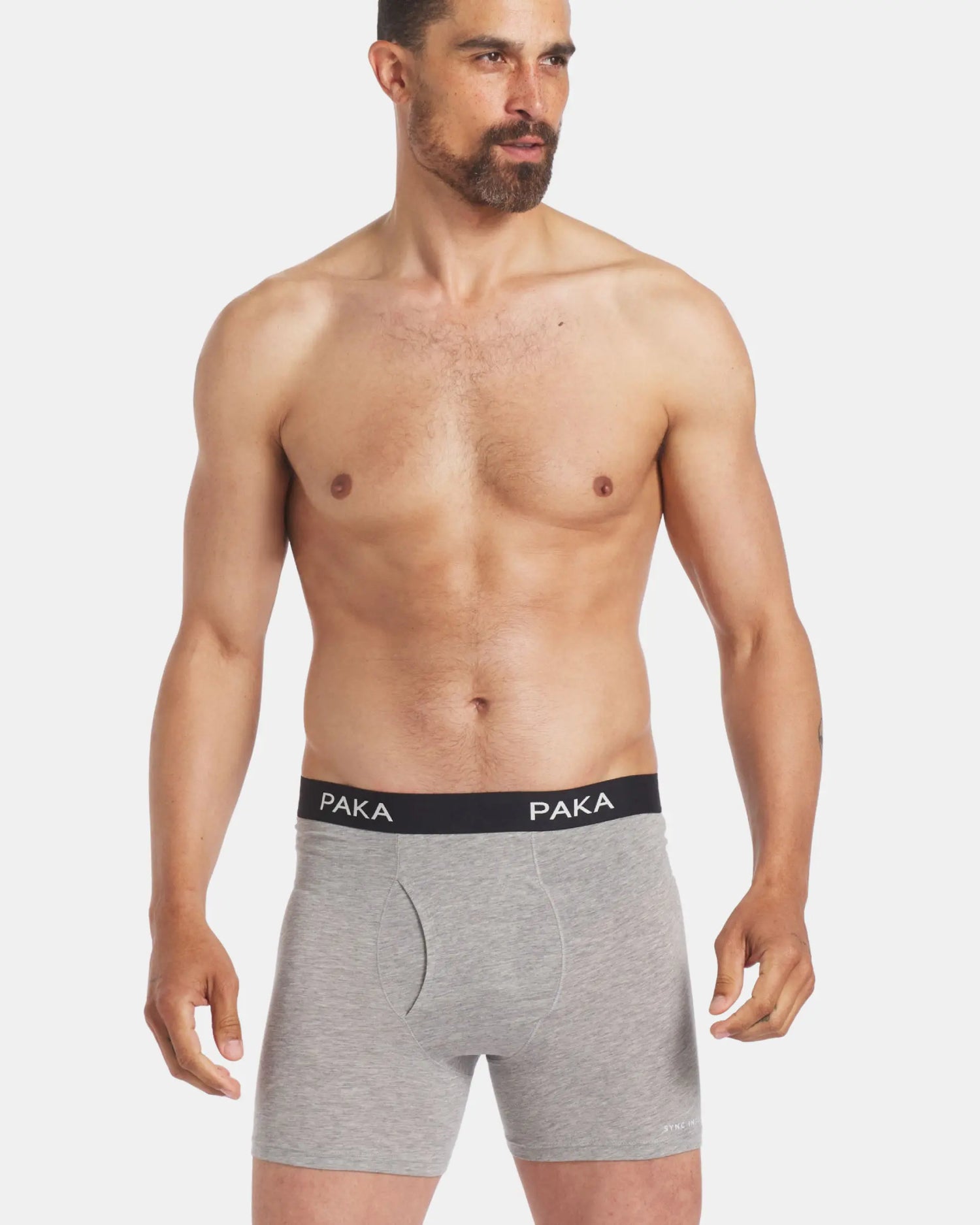 Model in Heather / Grey Sustainable Men’s Underwear Boxer Briefs – PAKA Apparel