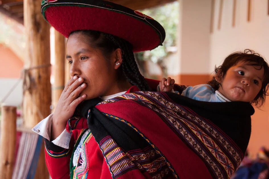 Peruvian Quechua Weaver with Baby on Her Back