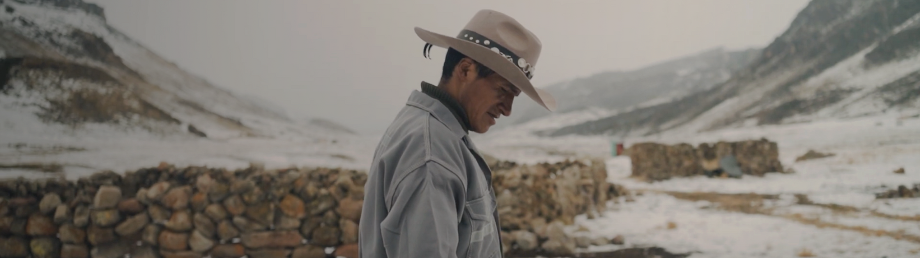 Alpaca farmer at base of snowy mountains