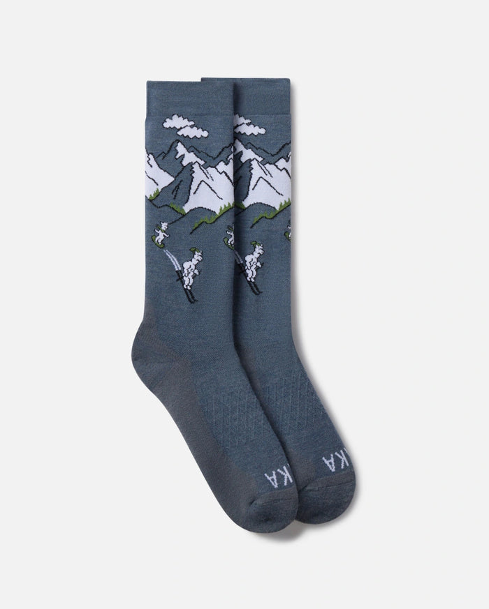 Blue-Grey Alpaca Wool Ski Socks with Graphic of Sebastian the Alpaca Skiing in Mountains – PAKA Apparel