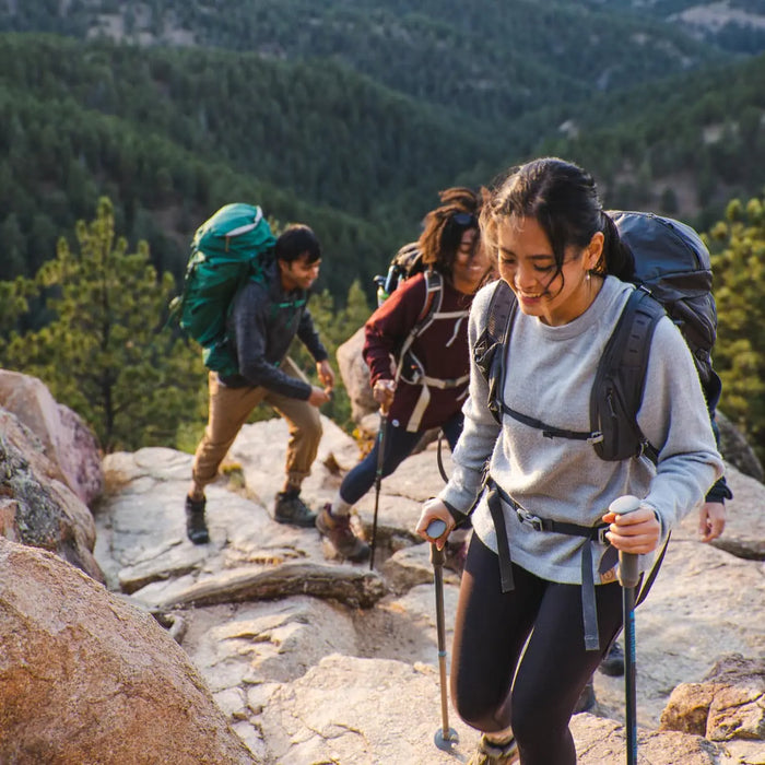 A group of people hiking in the nature. They are wearing alpaca sweaters 