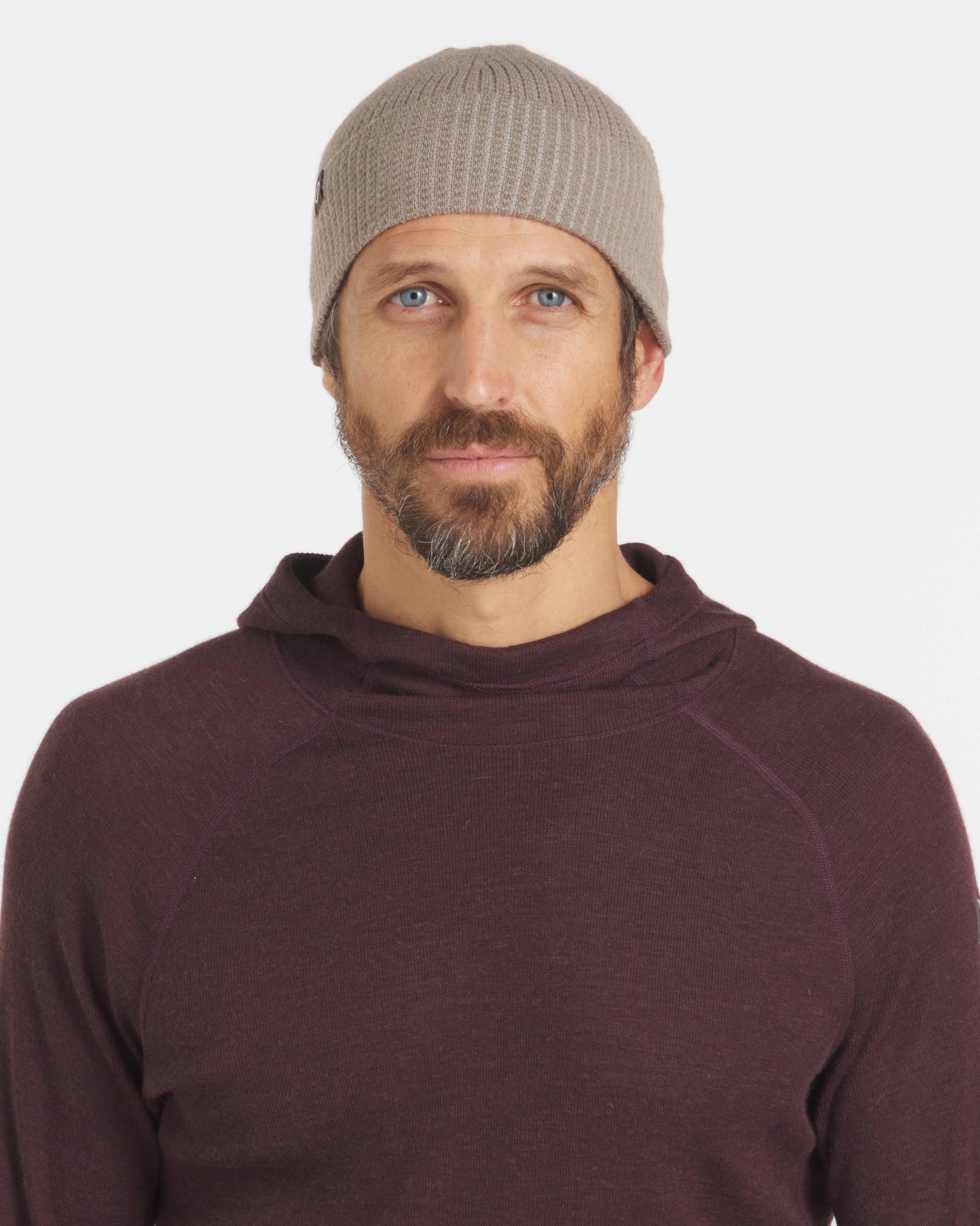 Man wearing waffle knit beanie