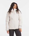 Model Wearing Apu Women’s Noni / White Parka Ethical Winter Ski Jacket with Natural Fiber Insulation – PAKA Apparel