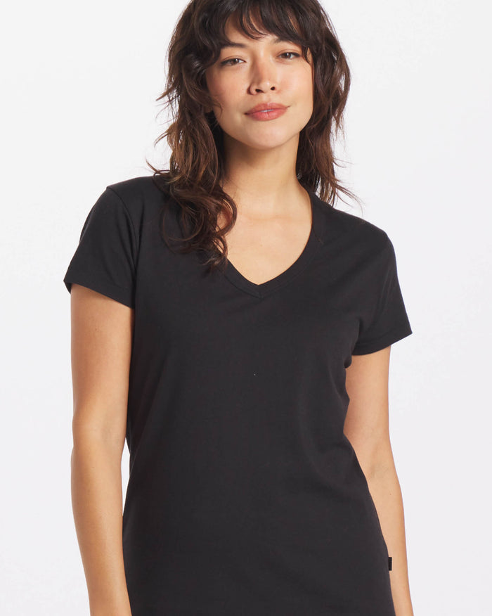 Woman's v neck tee in black on model 