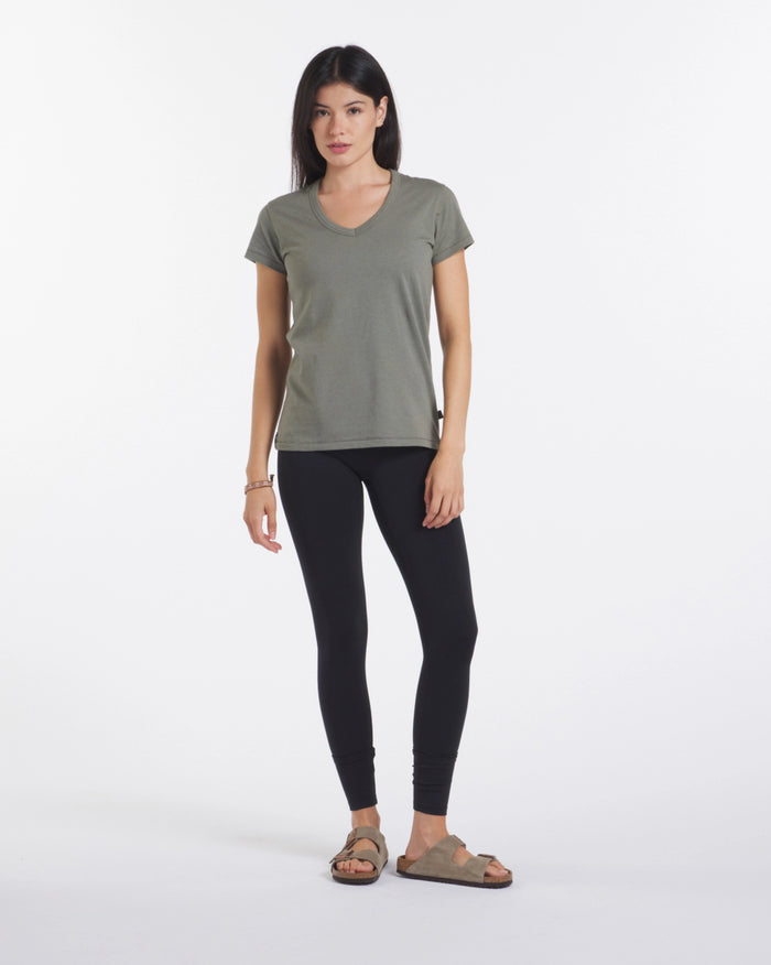 Woman Wearing Forage Green Lightweight Alpaca Organic Pima Cotton Blend V-Neck T-Shirt – PAKA Apparel