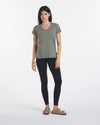 Woman Wearing Forage Green Lightweight Alpaca Organic Pima Cotton Blend V-Neck T-Shirt – PAKA Apparel