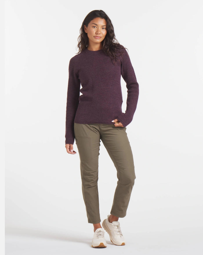 Woman Wearing Eggplant Purple Lightweight Mountain Crew Alpaca Wool Sweater – PAKA Apparel