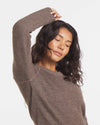 Woman with Arm Over Head in Wood Brown Mountain Crew Alpaca Wool Sweater with Raglan Sleeves – PAKA Apparel