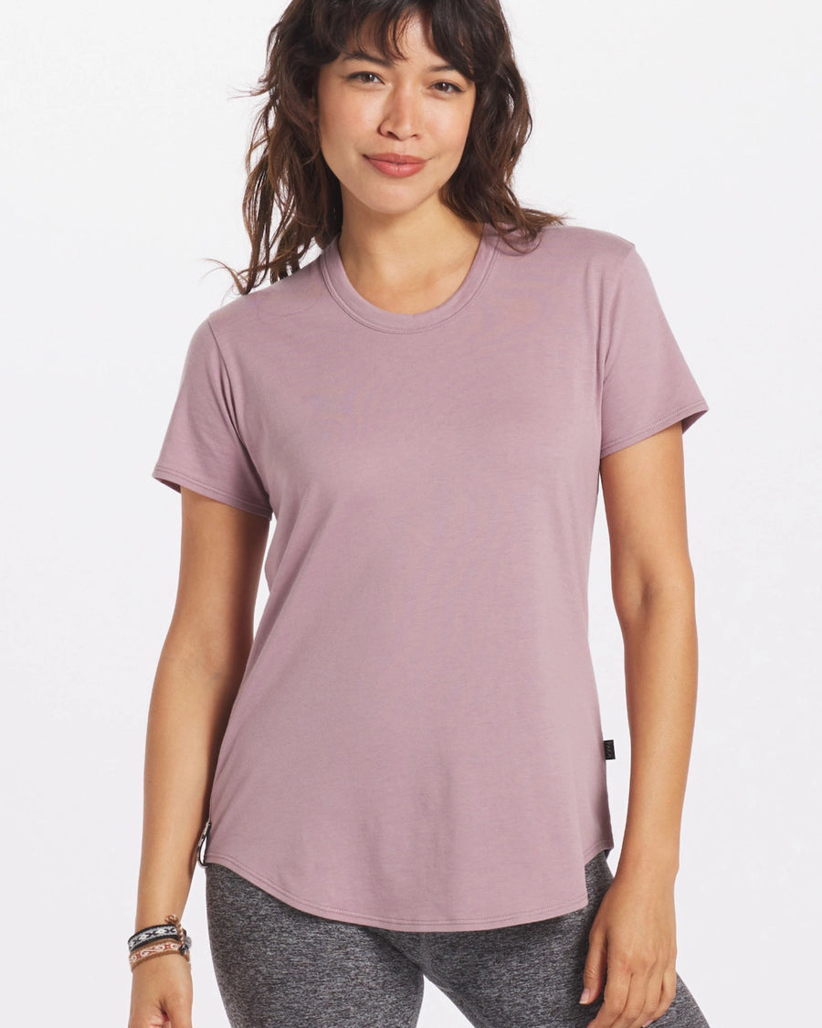 Woman's alpaca tee in pink on model 