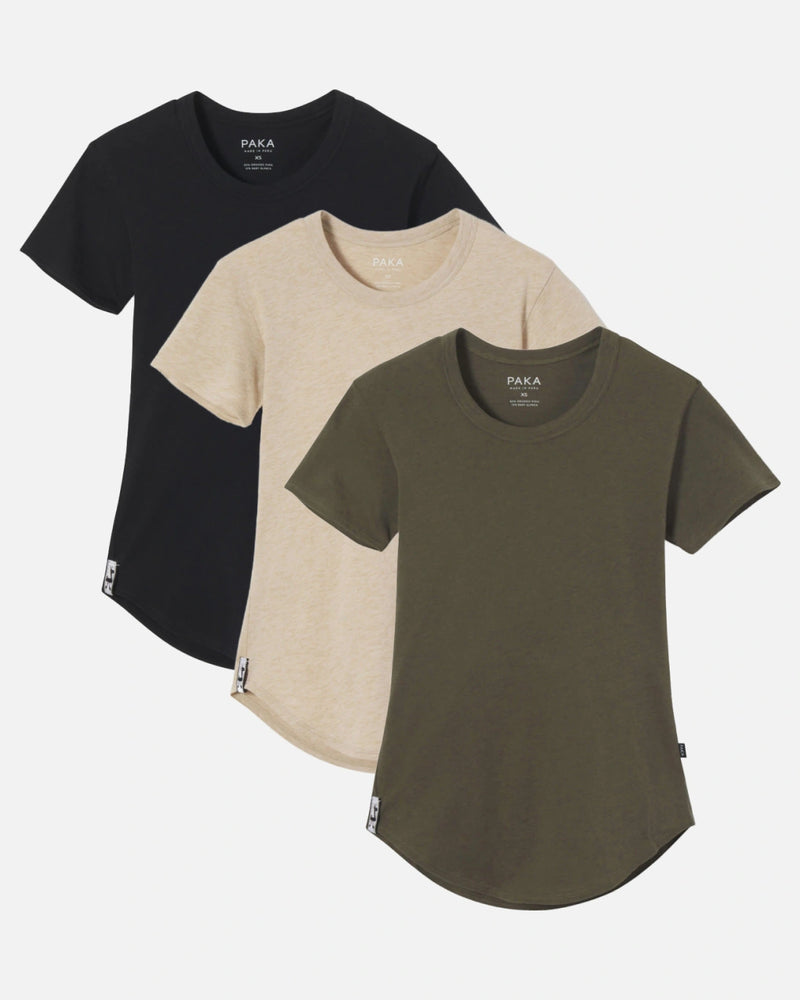 Mixed 3 Pack of Women's Alpaca Wool T-Shirt in Luna / Black, Sandstone / Tan and Andean Moss / Green - PAKA Apparel