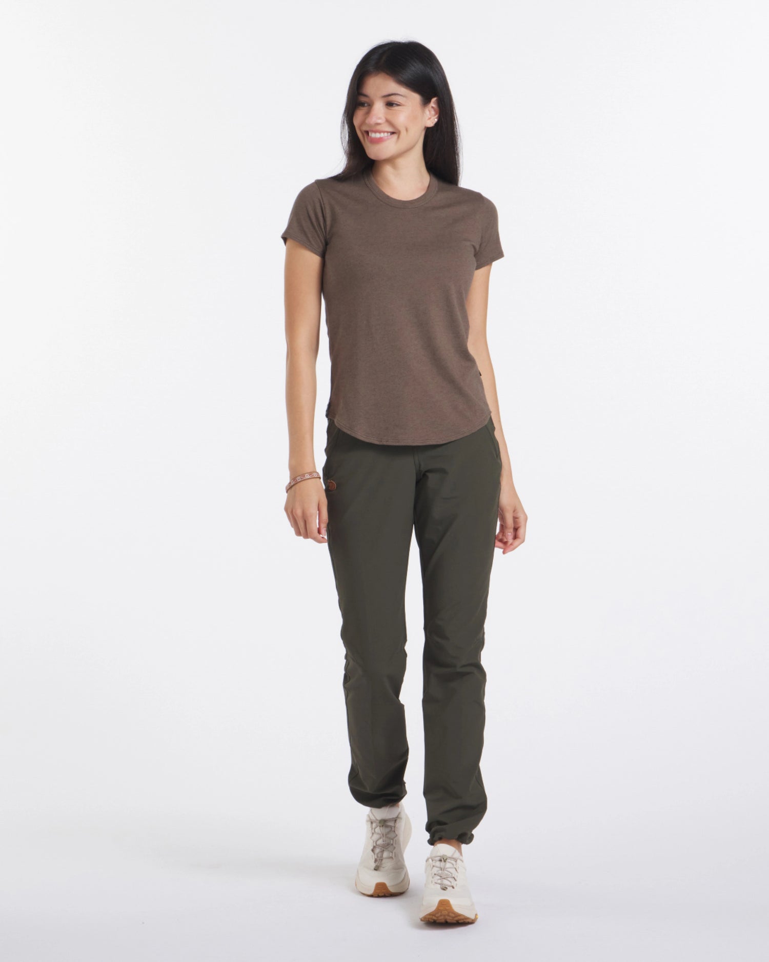 Smiling Female Model wearing Women's T-Shirt brown