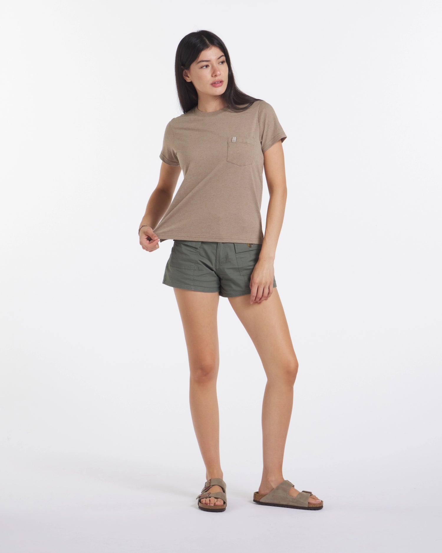 Woman in Shorts Wearing Cappuccino / Light Brown Natural Fiber Alpaca Wool Pocket T-Shirt – PAKA Apparel