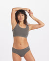 grey women's alpaca bra on model