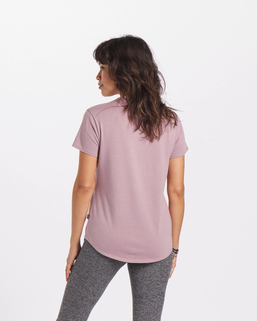 Back of Woman in Quail / Pink Alpaca Thermoregulating T-Shirt - PAKA Apparel