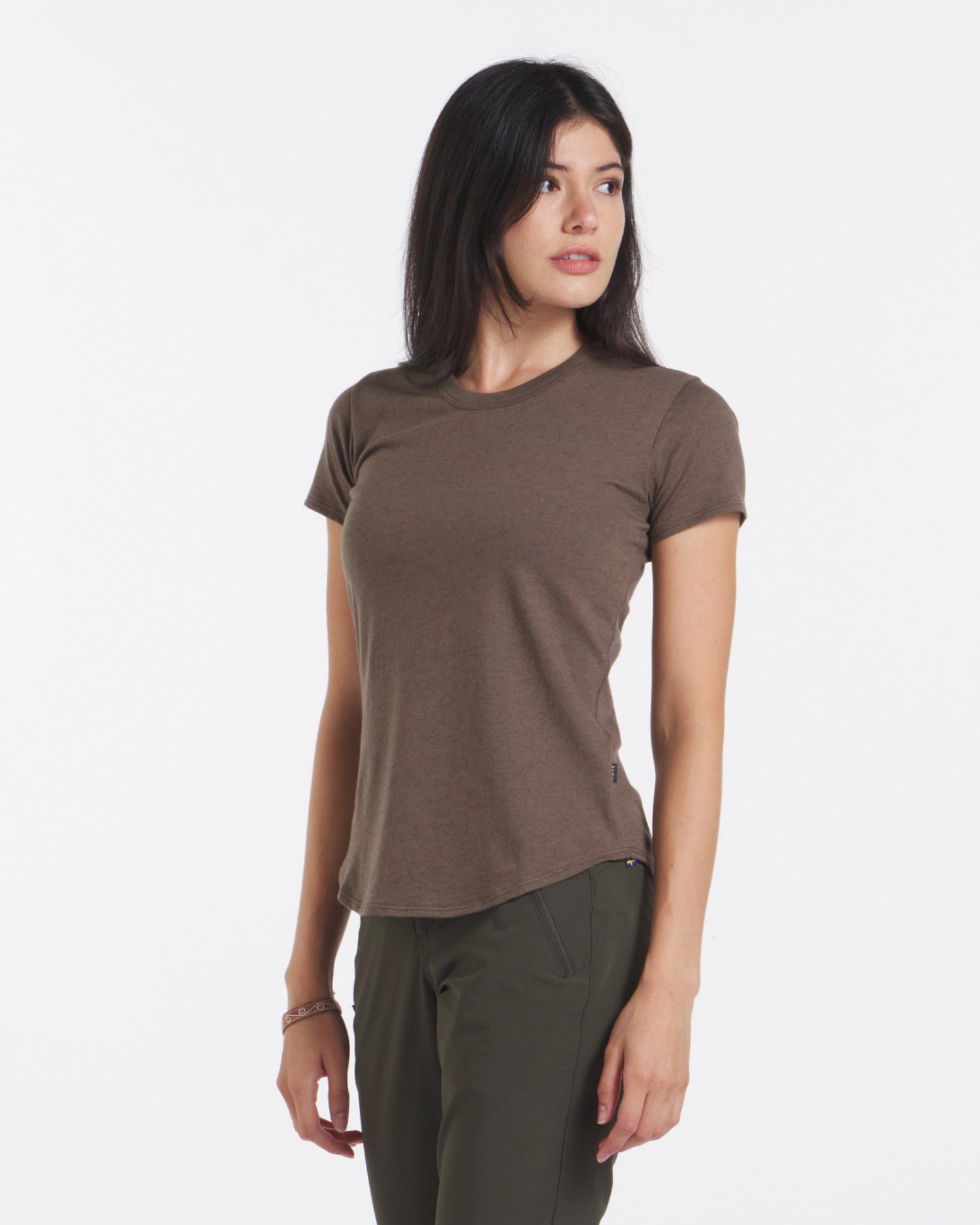 Female Model wearing Women's T-Shirt brown