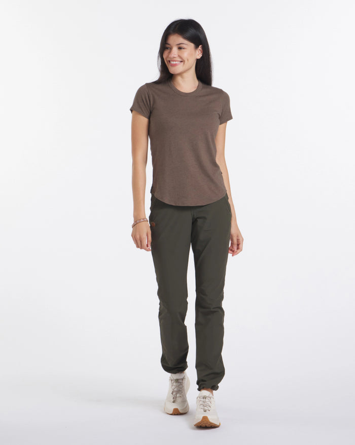 Woman Smiling in Brown / Wood Alpaca Wool T-Shirt for Outdoors - PAKA Apparel