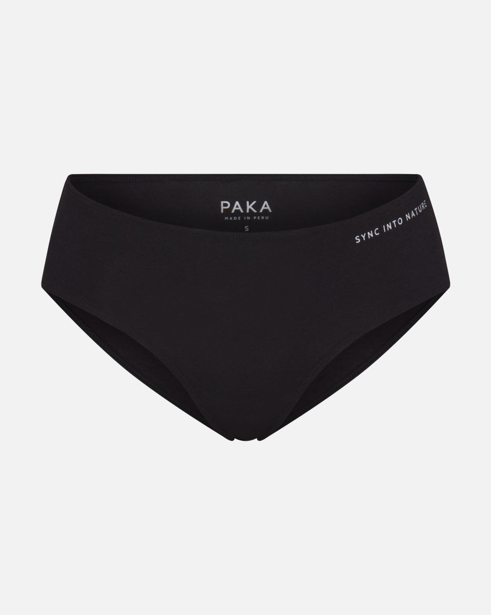 Black Ethical Odor Resistant Women's Alpaca Underwear with “Sync into Nature” Text – PAKA Apparel