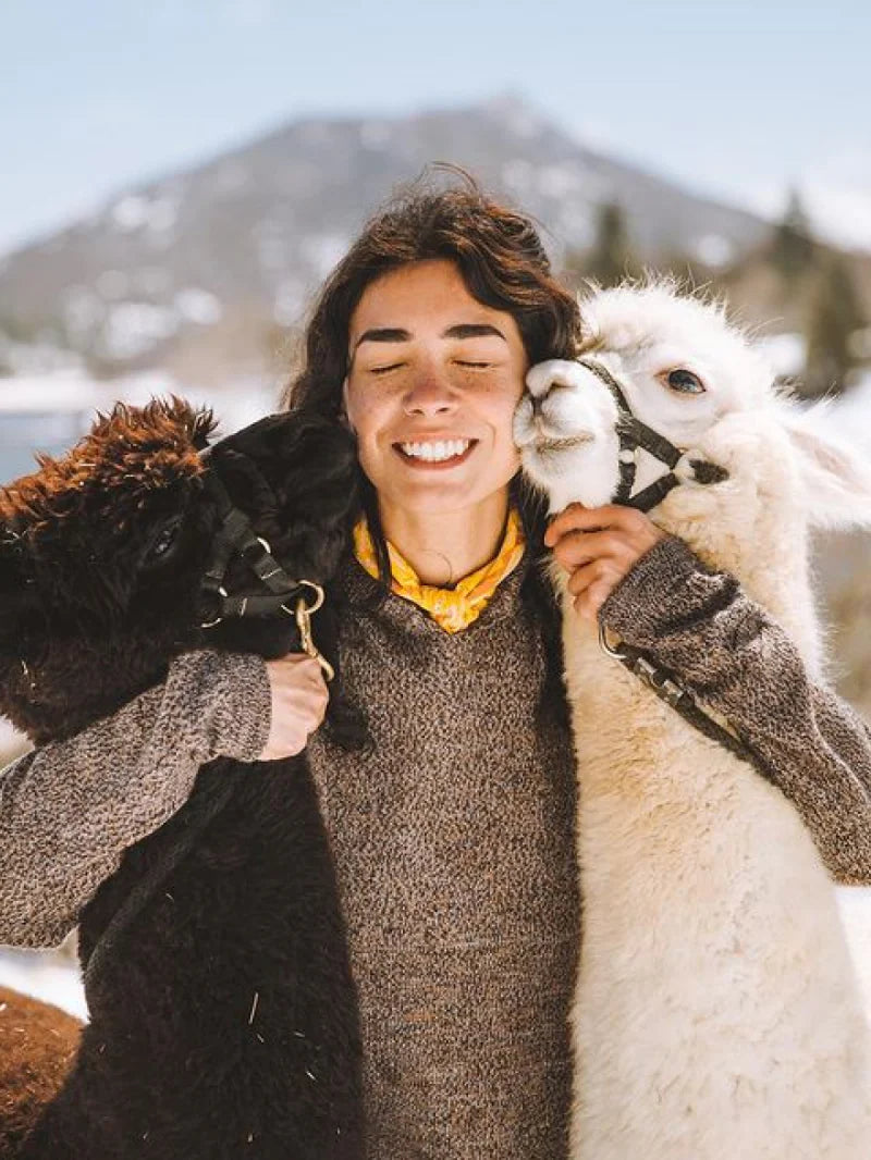 Woman in Alpaca Wool Sweater Smiling and Snuggling Two Alpacas - PAKA Apparel