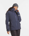 Model in Apu Navy Blue Women's Parka Ethical Winter Ski Jacket with Natural Fiber Insulation – PAKA Apparel