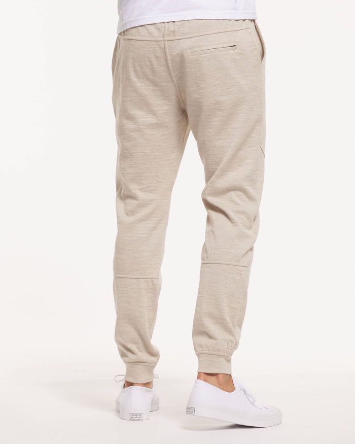 men's tan breathe joggers on model