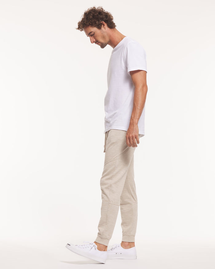 men's tan breathe joggers on model