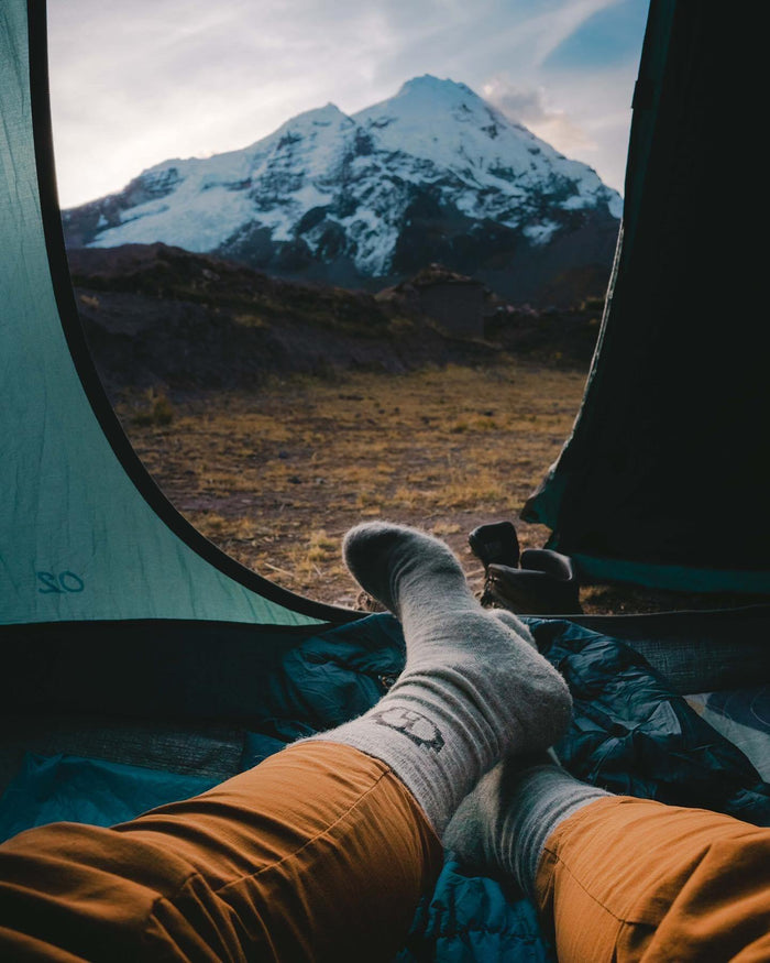 Paka light grey socks camping in Ausangate, Peru