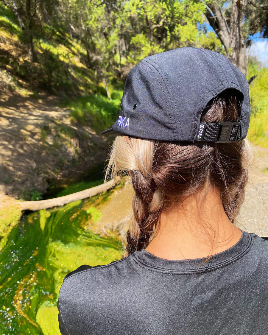 black 5 panel alpaca hat on woman model