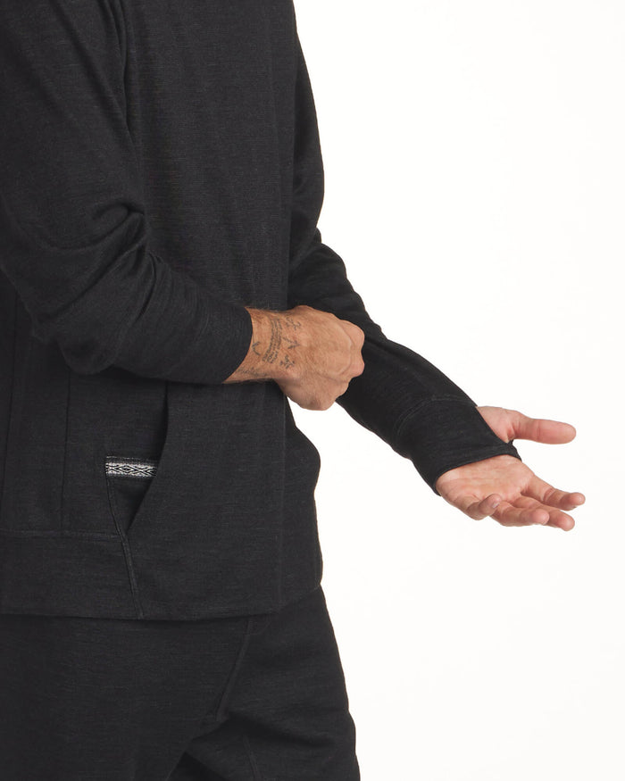 Male Model black breathe hoodie thumb holes 