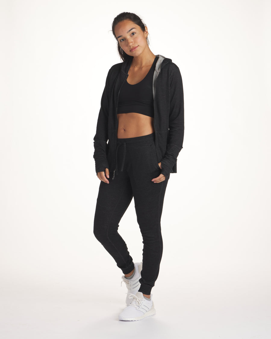 women's black breathe joggers on model